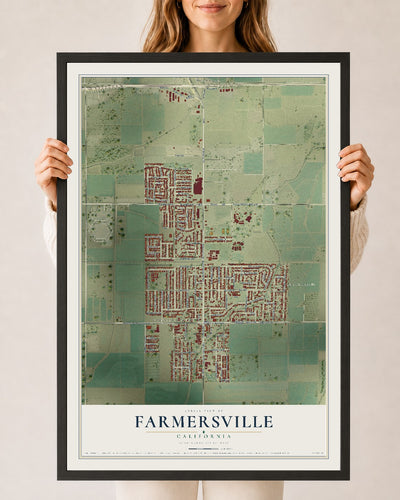 Map of Farmersville, California, 24 x 36 inch print in a black wood frame