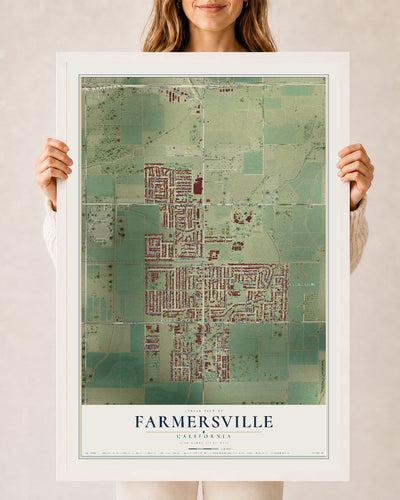 Map of Farmersville, California, 24 x 36 inch print in a white wood frame
