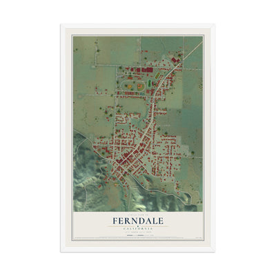 Map of Ferndale, California, 12 x 18 inch print in a white wood frame