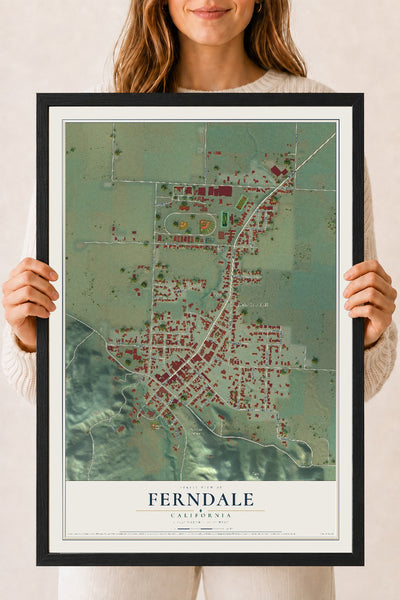 Map of Ferndale, California, 18 x 24 inch print in a black wood frame