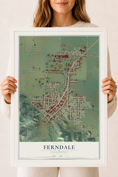 Map of Ferndale, California, 18 x 24 inch print in a white wood frame