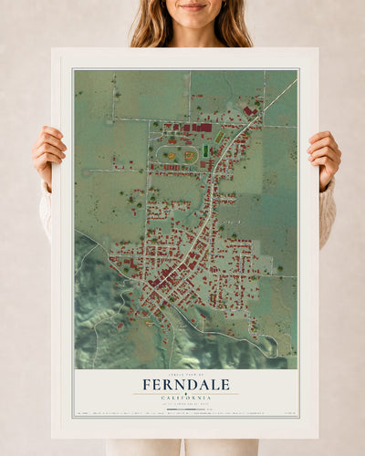 Map of Ferndale, California, 24 x 36 inch print in a white wood frame