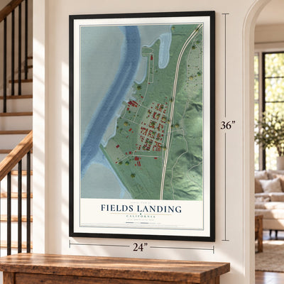 Fields Landing, California map, 24 x 36 inch print in a black frame by a staircase