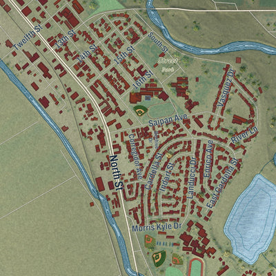 Close-up of the map of Firebaugh, California print showing street and building detail