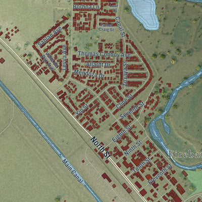 Second close-up of the map of Firebaugh, California print showing more streets and buildings