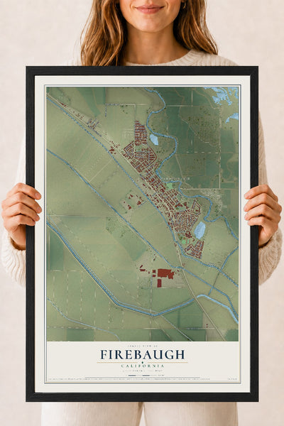 Map of Firebaugh, California, 18 x 24 inch print in a black wood frame