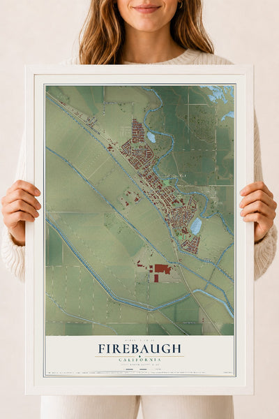 Map of Firebaugh, California, 18 x 24 inch print in a white wood frame