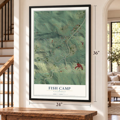 Fish Camp, California map, 24 x 36 inch print in a black frame by a staircase