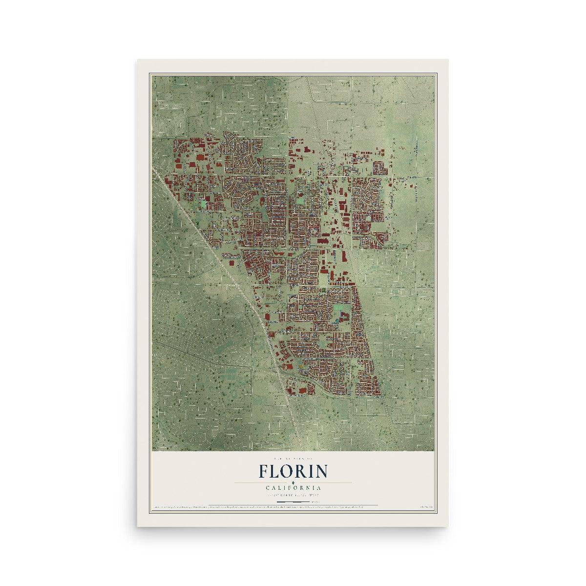Map of Florin, California, 12 x 18 inch unframed archival matte print