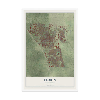 Map of Florin, California, 12 x 18 inch print in a white wood frame