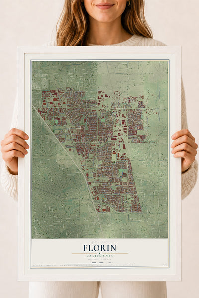 Map of Florin, California, 18 x 24 inch print in a white wood frame