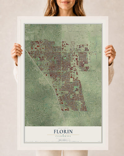 Map of Florin, California, 24 x 36 inch print in a white wood frame