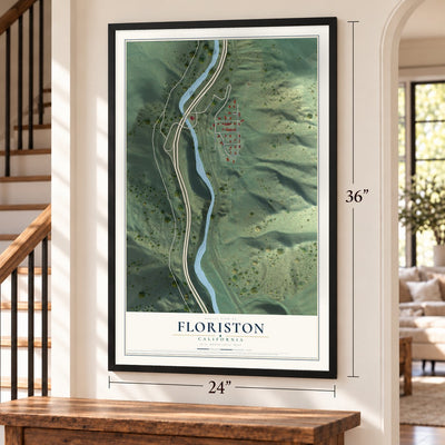 Floriston, California map, 24 x 36 inch print in a black frame by a staircase