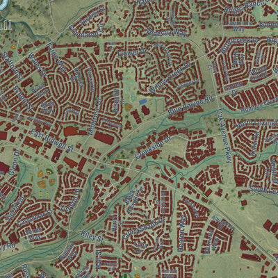 Close-up of the map of Folsom, California print showing street and building detail