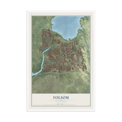 Map of Folsom, California, 12 x 18 inch print in a white wood frame