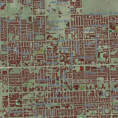 Close-up of the map of Fontana, California print showing street and building detail