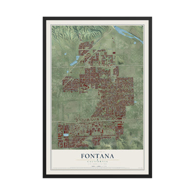 Map of Fontana, California, 12 x 18 inch print in a black wood frame