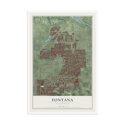 Map of Fontana, California, 12 x 18 inch print in a white wood frame