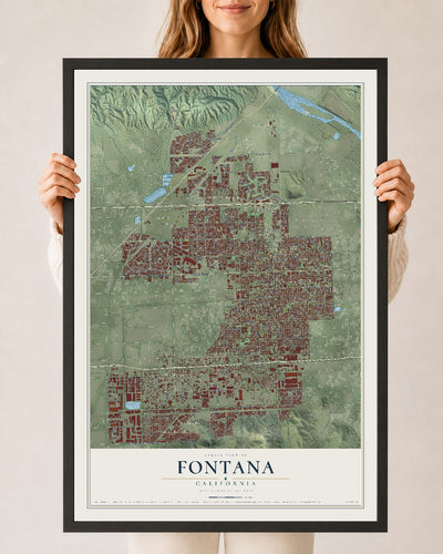 Map of Fontana, California, 24 x 36 inch print in a black wood frame