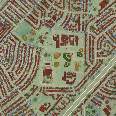 Second close-up of the map of Foothill Farms, California print showing more streets and buildings