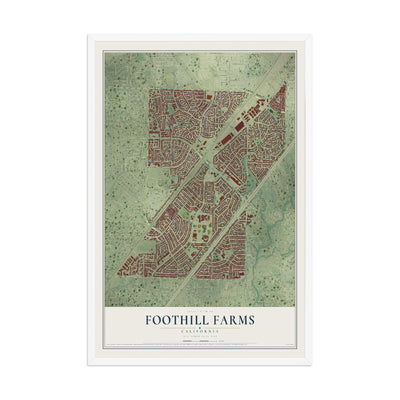 Map of Foothill Farms, California, 12 x 18 inch print in a white wood frame