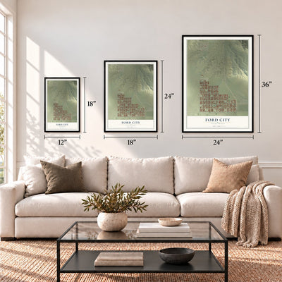Ford City, California map in 12 x 18, 18 x 24 and 24 x 36 inch sizes above a sofa