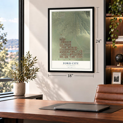 Ford City, California map, 18 x 24 inch print in a black frame in a home office