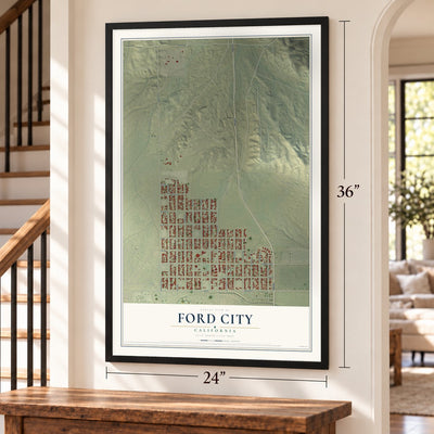 Ford City, California map, 24 x 36 inch print in a black frame by a staircase
