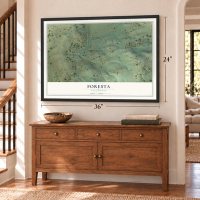 Foresta, California map, 24 x 36 inch print in a black frame above a dresser by a staircase