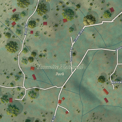 Close-up of the map of Foresta, California print showing street and building detail