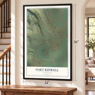 Fort Bidwell, California map, 24 x 36 inch print in a black frame by a staircase