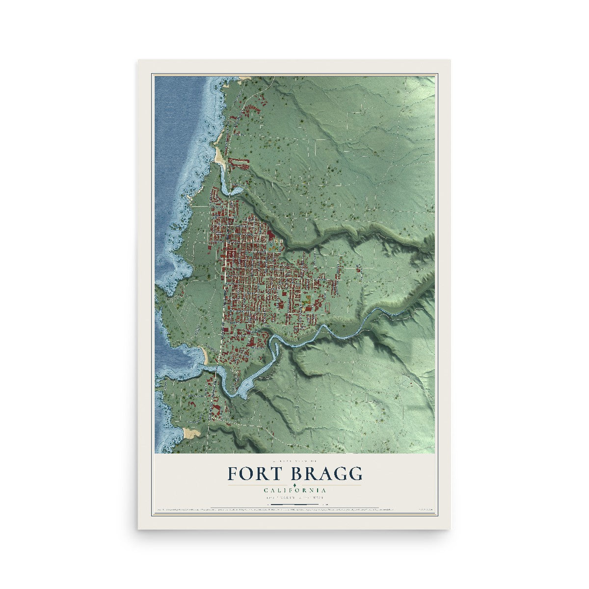 Map of Fort Bragg, California, 12 x 18 inch unframed archival matte print