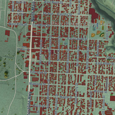Close-up of the map of Fort Bragg, California print showing street and building detail