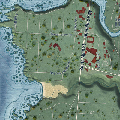 Second close-up of the map of Fort Bragg, California print showing more streets and buildings