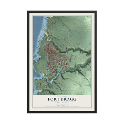 Map of Fort Bragg, California, 12 x 18 inch print in a black wood frame