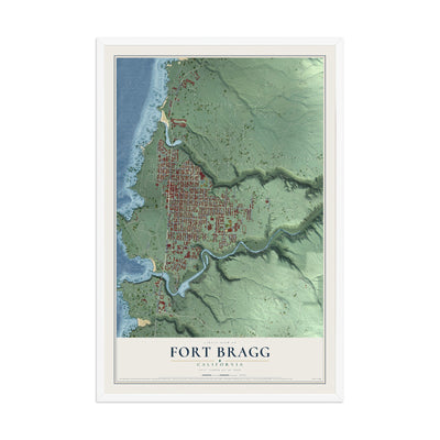Map of Fort Bragg, California, 12 x 18 inch print in a white wood frame