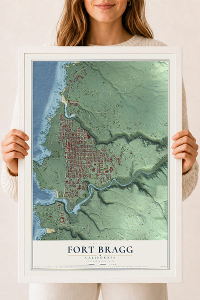 Map of Fort Bragg, California, 18 x 24 inch print in a white wood frame