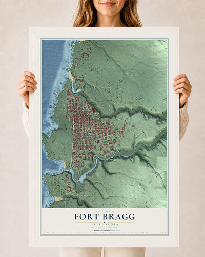 Map of Fort Bragg, California, 24 x 36 inch print in a white wood frame