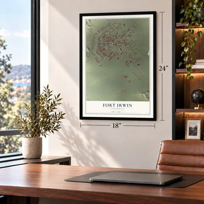 Fort Irwin, California map, 18 x 24 inch print in a black frame in a home office