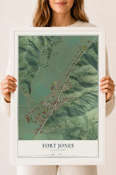 Map of Fort Jones, California, 18 x 24 inch print in a white wood frame