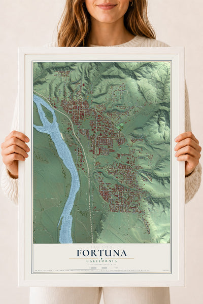 Map of Fortuna, California, 18 x 24 inch print in a white wood frame
