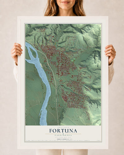 Map of Fortuna, California, 24 x 36 inch print in a white wood frame