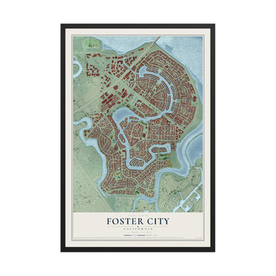 Map of Foster City, California, 12 x 18 inch print in a black wood frame