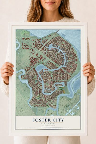 Map of Foster City, California, 18 x 24 inch print in a white wood frame