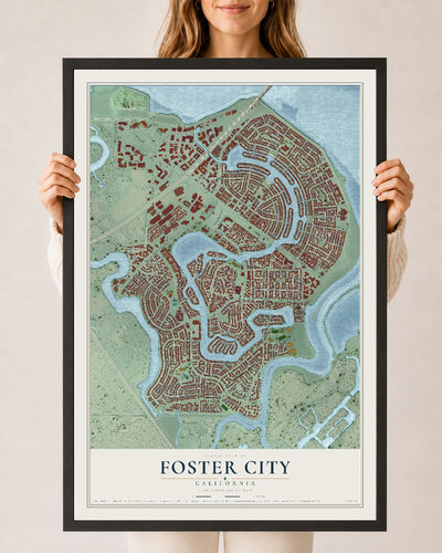 Map of Foster City, California, 24 x 36 inch print in a black wood frame