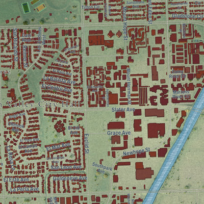 Second close-up of the map of Fountain Valley, California print showing more streets and buildings