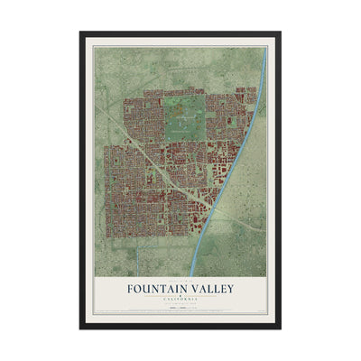 Map of Fountain Valley, California, 12 x 18 inch print in a black wood frame