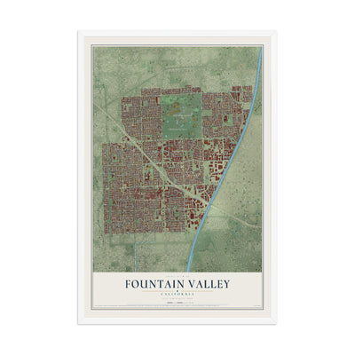 Map of Fountain Valley, California, 12 x 18 inch print in a white wood frame