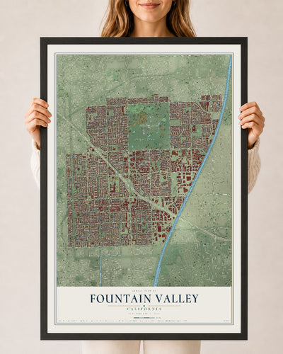 Map of Fountain Valley, California, 24 x 36 inch print in a black wood frame