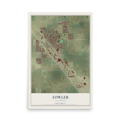 Map of Fowler, California, 12 x 18 inch unframed archival matte print